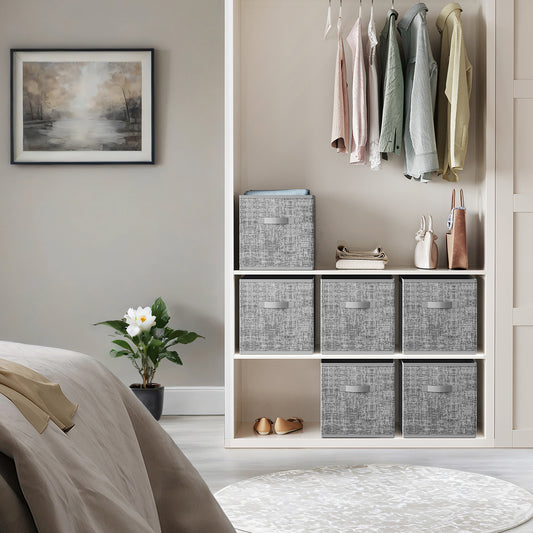 Storage Cube Organizer - 6-Pack Foldable Fabric Bins with Handles, 13" IKEA Compatible Shelving System, Cattail Gray