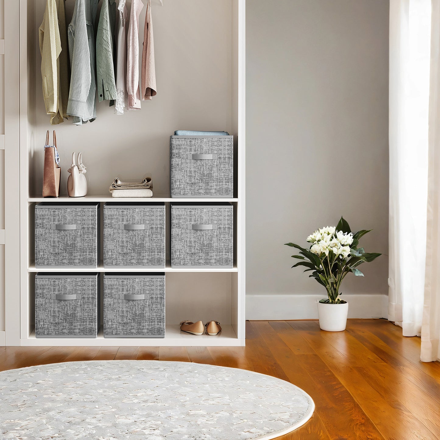 Storage Cube Organizer - 6-Pack Foldable Fabric Bins with Handles, 13" IKEA Compatible Shelving System, Cattail Gray