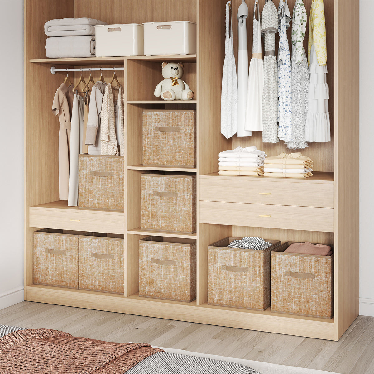 LEDREM Set of 8 Non-Woven Fabric,PP Plastic Storage Cubes, 13x13x13in Foldable Bins with Handles, for Closet Shelves, Beige