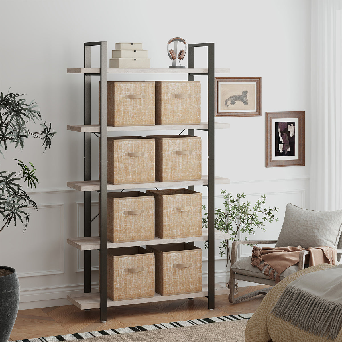 LEDREM Set of 8 Non-Woven Fabric,PP Plastic Storage Cubes, 13x13x13in Foldable Bins with Handles, for Closet Shelves, Beige