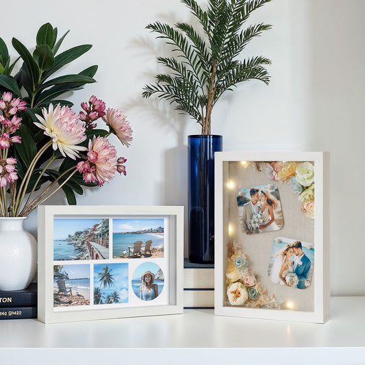 LEDREM Set of 2 Shadow Box Frames - 1.3" Deep Display, 6 Mats Included, Multi-Photo Sizes, Wall/Desk Decor, Gift Ready, Rustic White