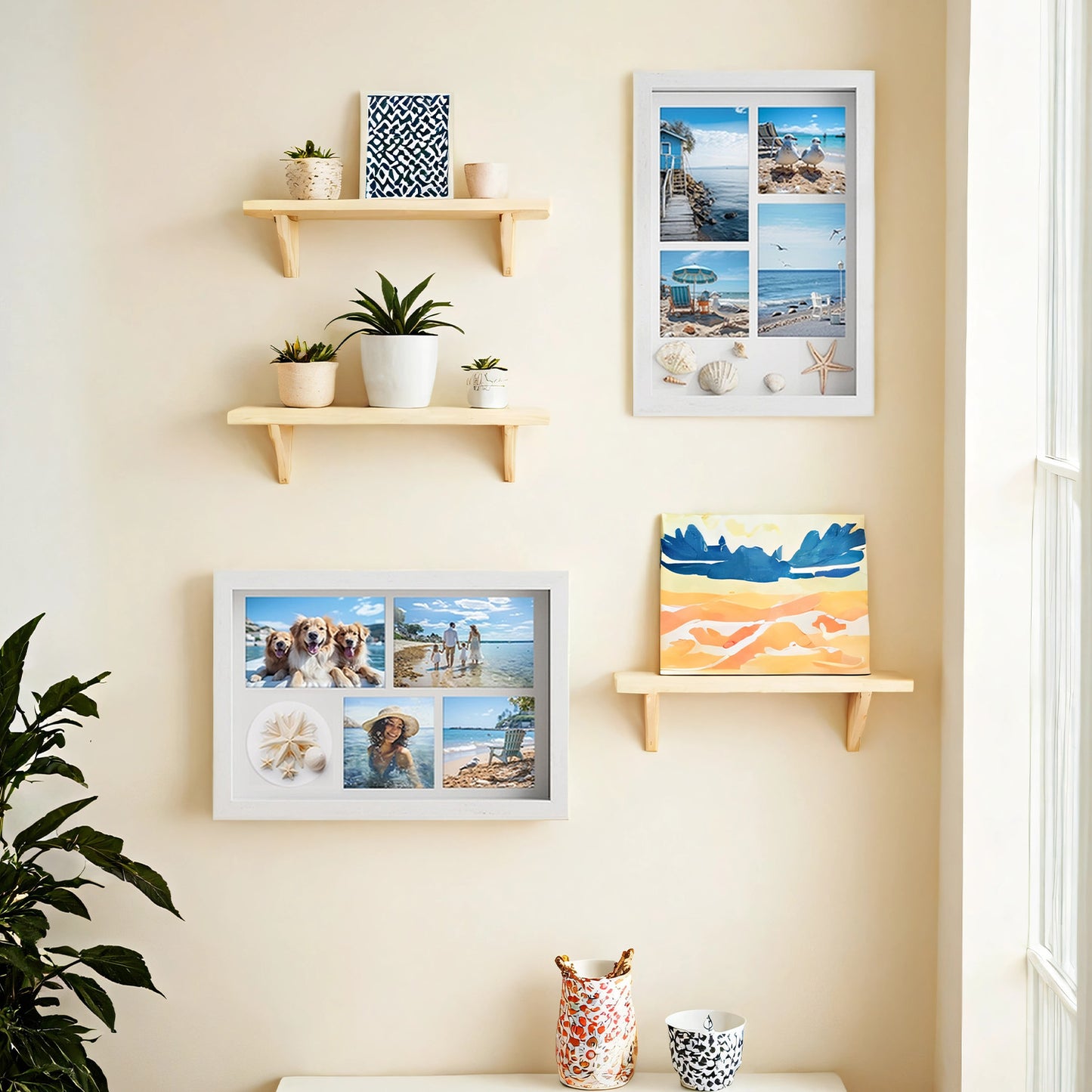 LEDREM Set of 2 Shadow Box Frames - 1.3" Deep Display, 6 Mats Included, Multi-Photo Sizes, Wall/Desk Decor, Gift Ready, Rustic White
