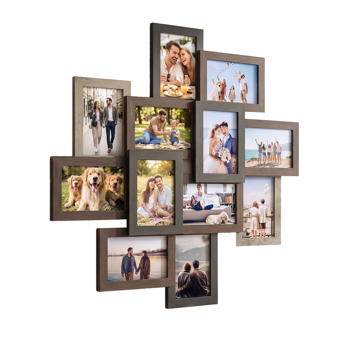 LEDREM Wall-Mounted Photo Frame Collage for 12 Pictures, Glass and MDF Frames, Family Photo Display Set, Maroon Brown and Heather Greige