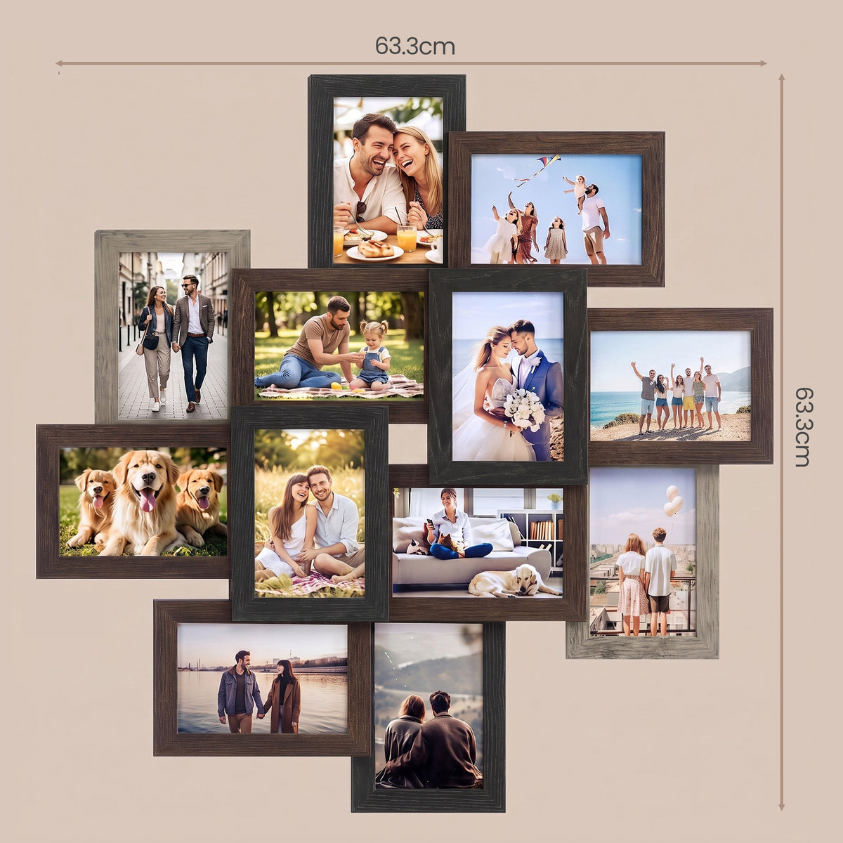 LEDREM Wall-Mounted Photo Frame Collage for 12 Pictures, Glass and MDF Frames, Family Photo Display Set, Maroon Brown and Heather Greige
