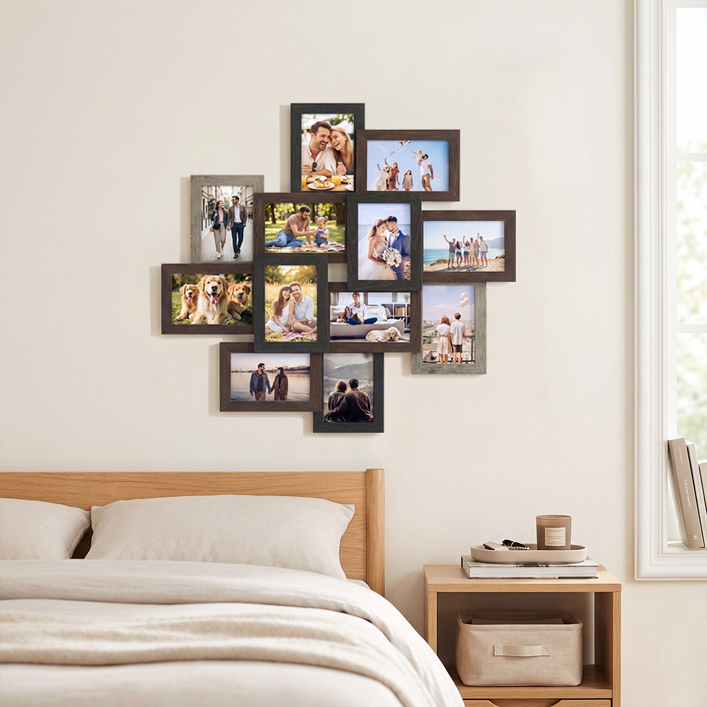 LEDREM Wall-Mounted Photo Frame Collage for 12 Pictures, Glass and MDF Frames, Family Photo Display Set, Maroon Brown and Heather Greige