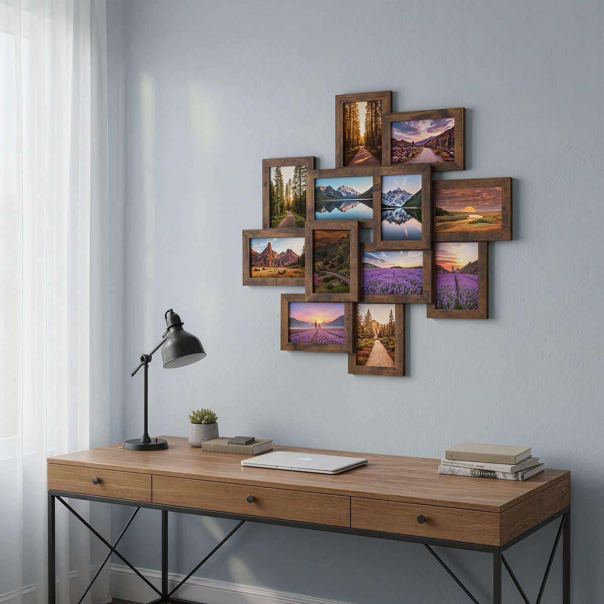 LEDREM Wall-Mounted Photo Frame Collage for 12 Pictures, Glass and MDF Frames, Family Photo Display Set, Rustic Brown