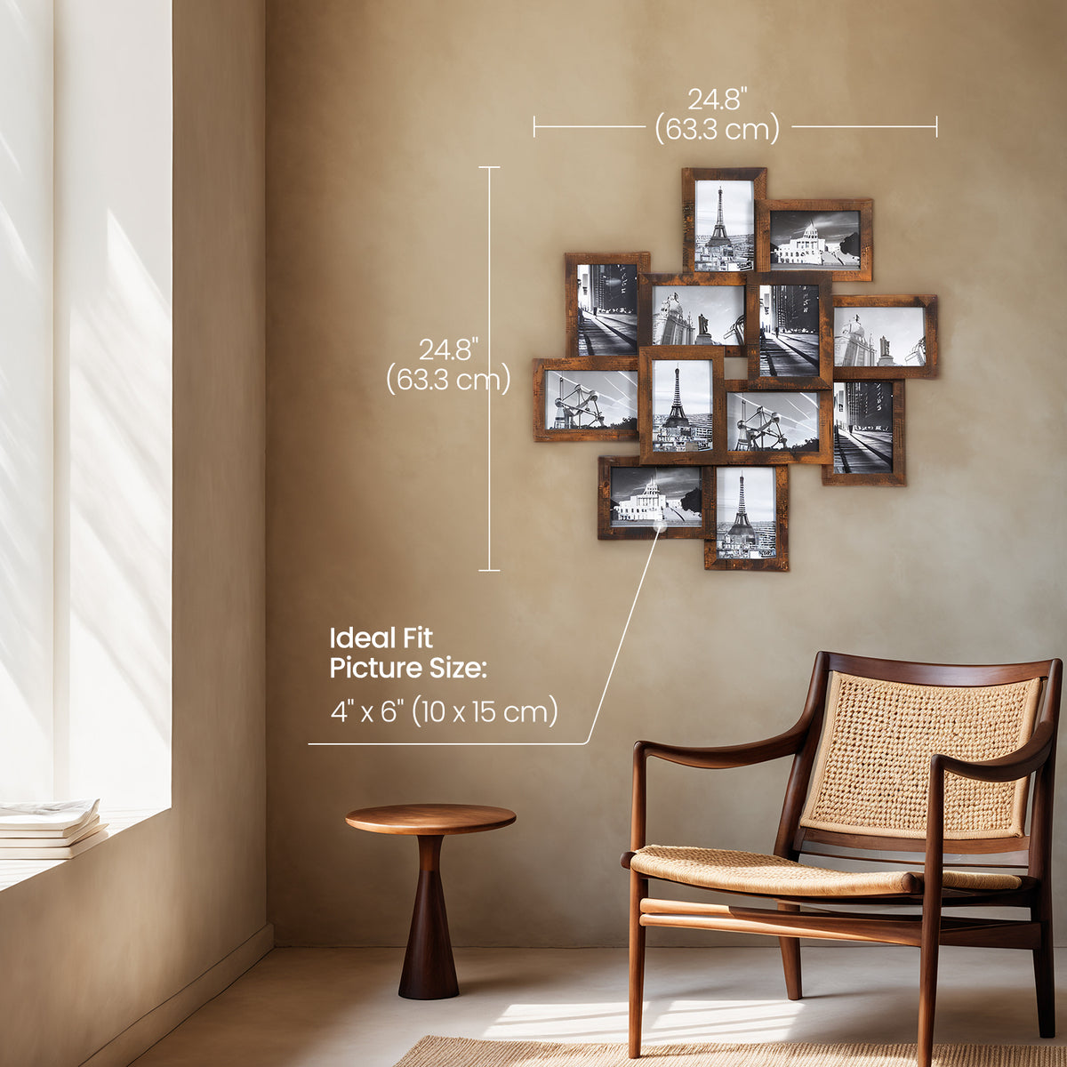 LEDREM Wall-Mounted Photo Frame Collage for 12 Pictures, Glass and MDF Frames, Family Photo Display Set, Rustic Brown