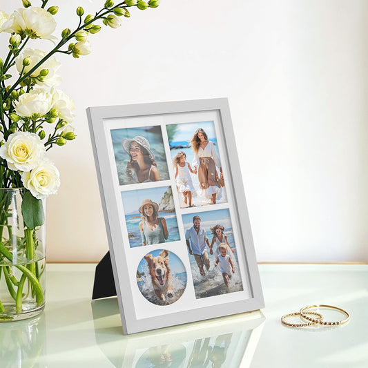 LEDREM Collage Picture Frame for Wall with 3 Mats, Multi Photo Display for 4x6 & 4x4, Glass Front, Hanging or Tabletop, Rustic White