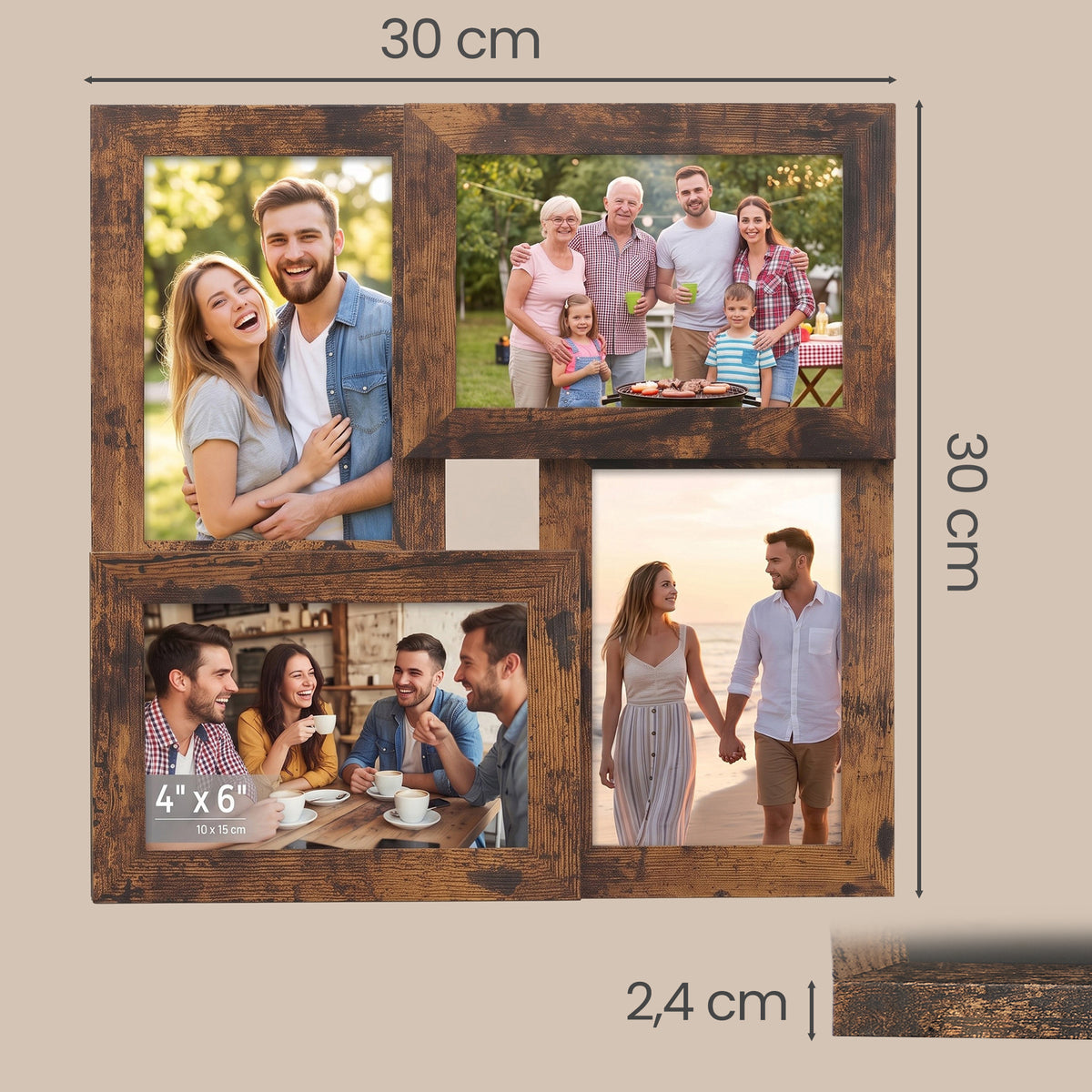 LEDREM Wooden Collage Picture Frame with Glass, Wall and Tabletop Display, 4 x 6 inches, Tan and White