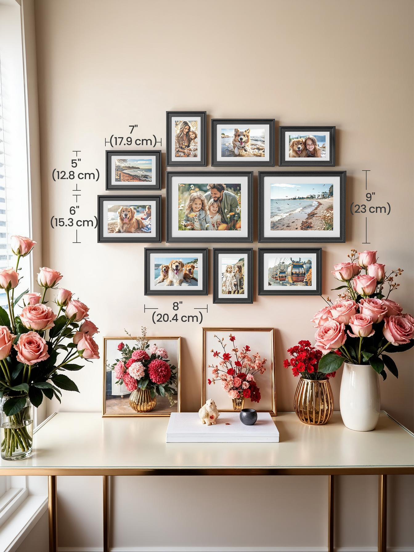 10-Piece Collage Photo Frame Set with 16 Mats, Includes 8x10, 5x7, 4x6 Sizes for Wall or Tabletop Display, 12 Non-Trace Nails, Black