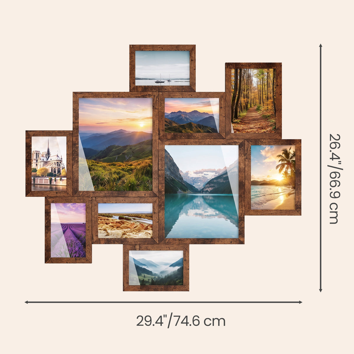 Collage Photo Frames 10-Piece Set, Interlocking Wall Picture Frames, 8x10 5x7 4x6 Inches, Burgundy