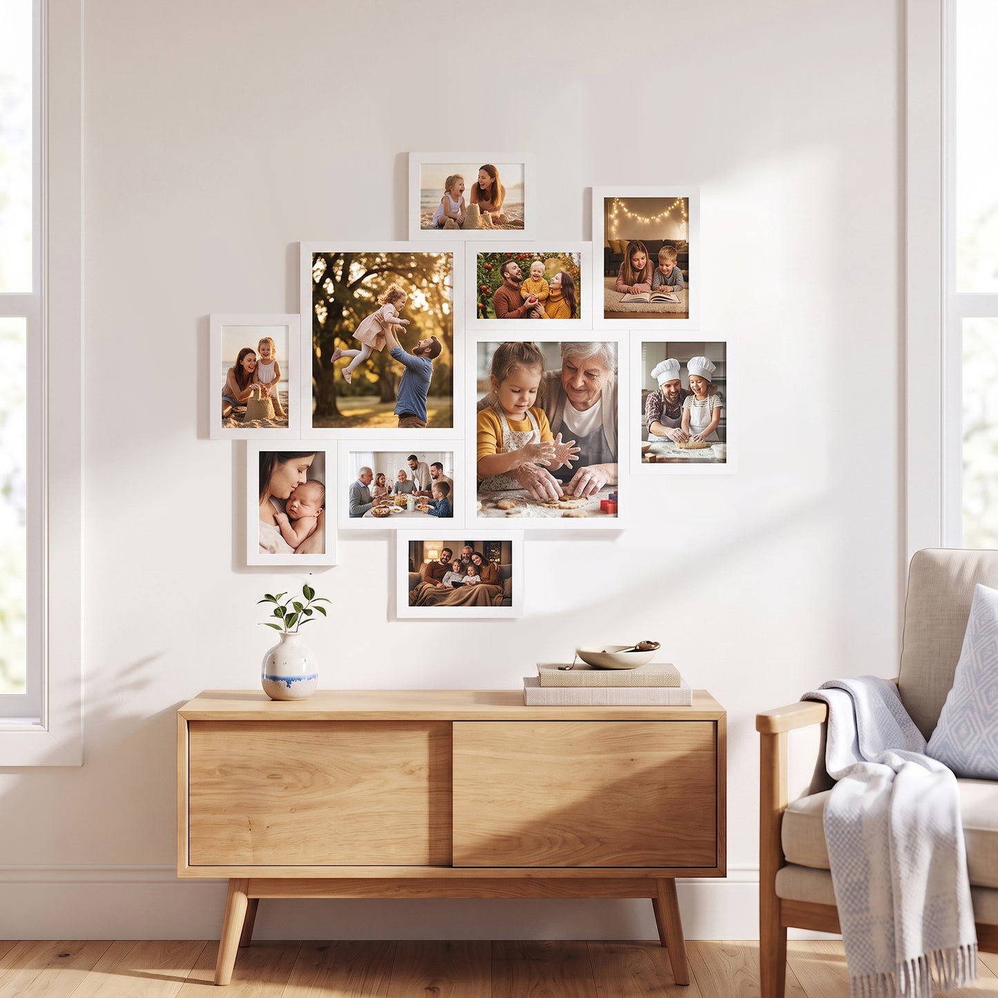 Collage Photo Frames 10-Piece Set, Interlocking Wall Picture Frames, 8x10 5x7 4x6 Inches, White