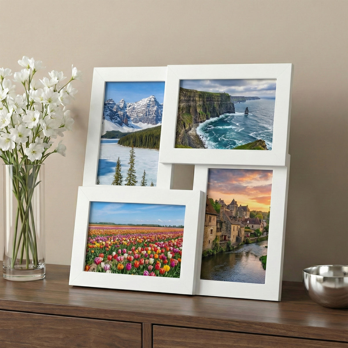 LEDREM Wooden Collage Picture Frame with Glass, Wall and Tabletop Display, 4 x 6 inches, Matte White