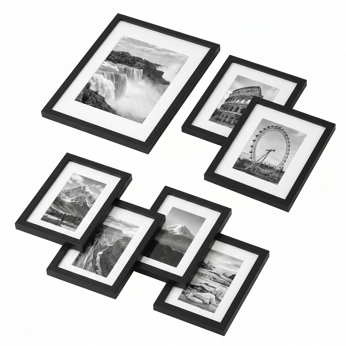 LEDREM Set of 7 Photo Frames, 11 x 14, 8 x 10, 6 x 8 Picture Frames with Mats, Glass, Black