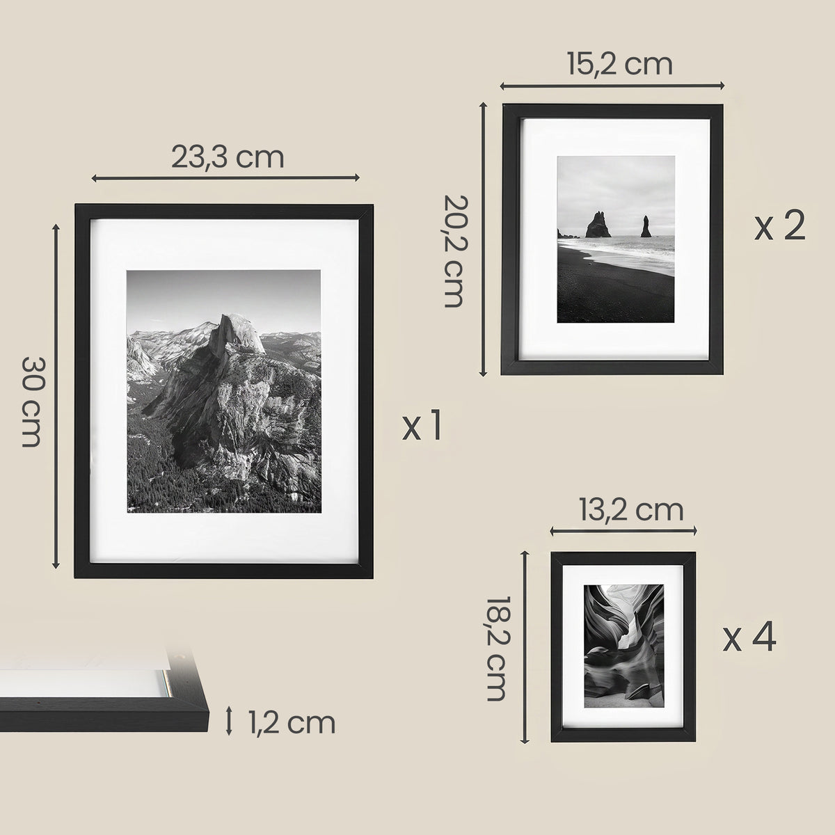 LEDREM Set of 7 Photo Frames, 11 x 14, 8 x 10, 6 x 8 Picture Frames with Mats, Glass, Black