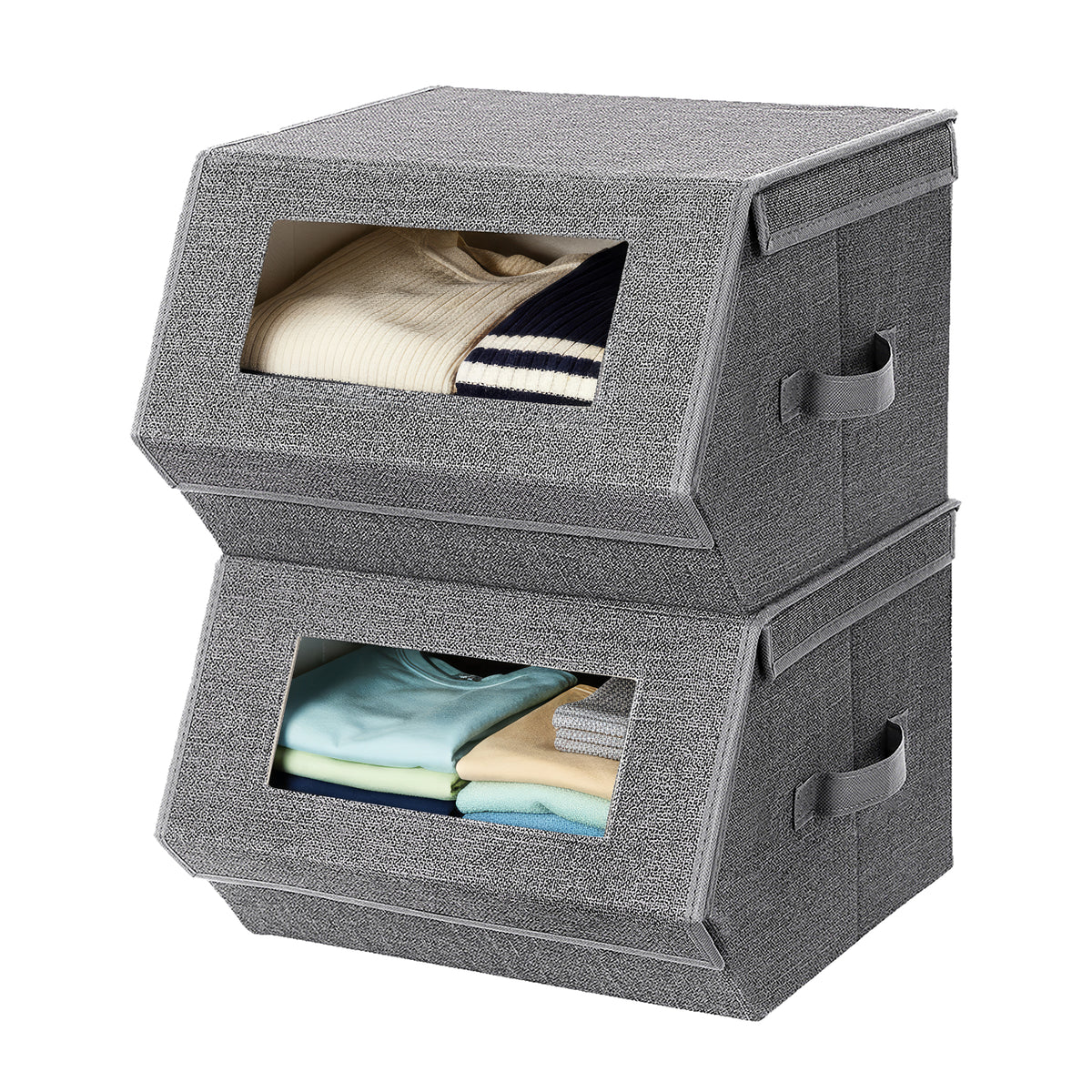LEDREM Storage Bins Set of 2, Stackable Boxes with Magnetic Lids and Clear Window, 15 x 13.8 x 9.8 Inches, Dark Gray
