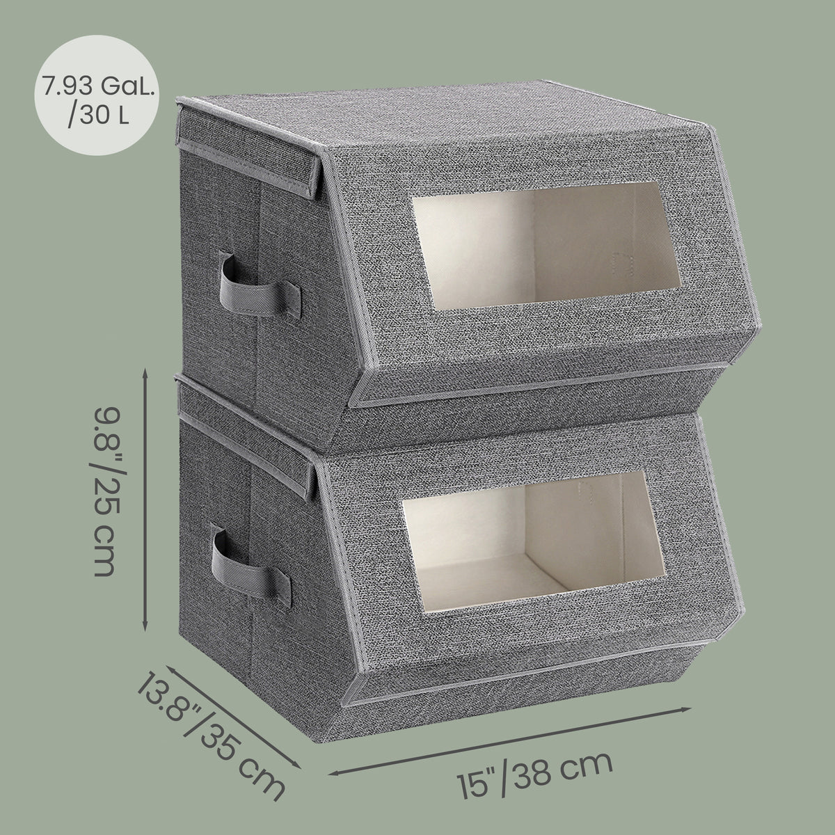LEDREM Storage Bins Set of 2, Stackable Boxes with Magnetic Lids and Clear Window, 15 x 13.8 x 9.8 Inches, Dark Gray