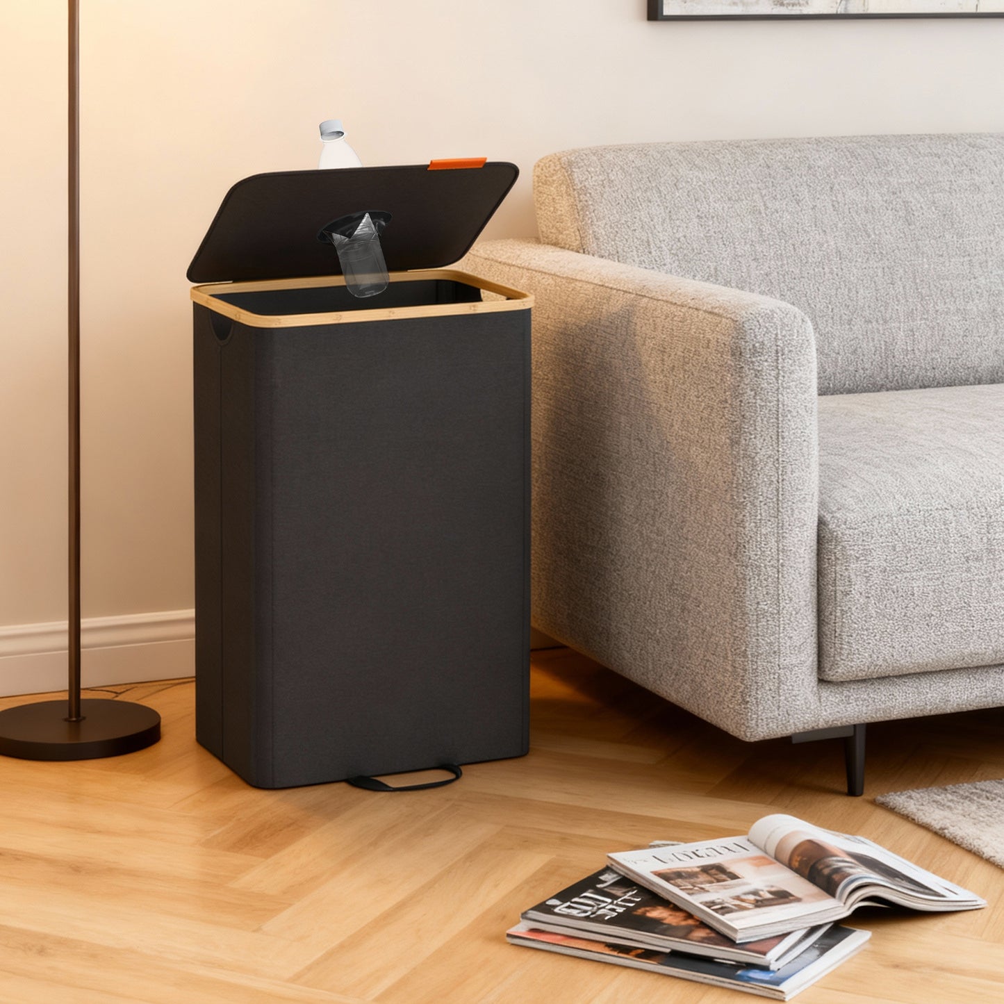 26.4 Gallon Recycling Bin for Kitchen, Bottle Recycling Container with Inner Bag and Collection Hole, Ink Black and Natural Beige