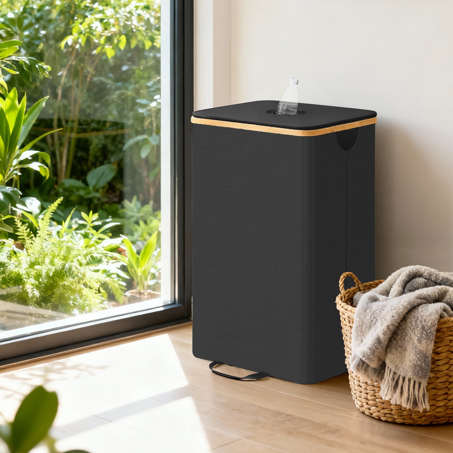 26.4 Gallon Recycling Bin for Kitchen, Bottle Recycling Container with Inner Bag and Collection Hole, Ink Black and Natural Beige