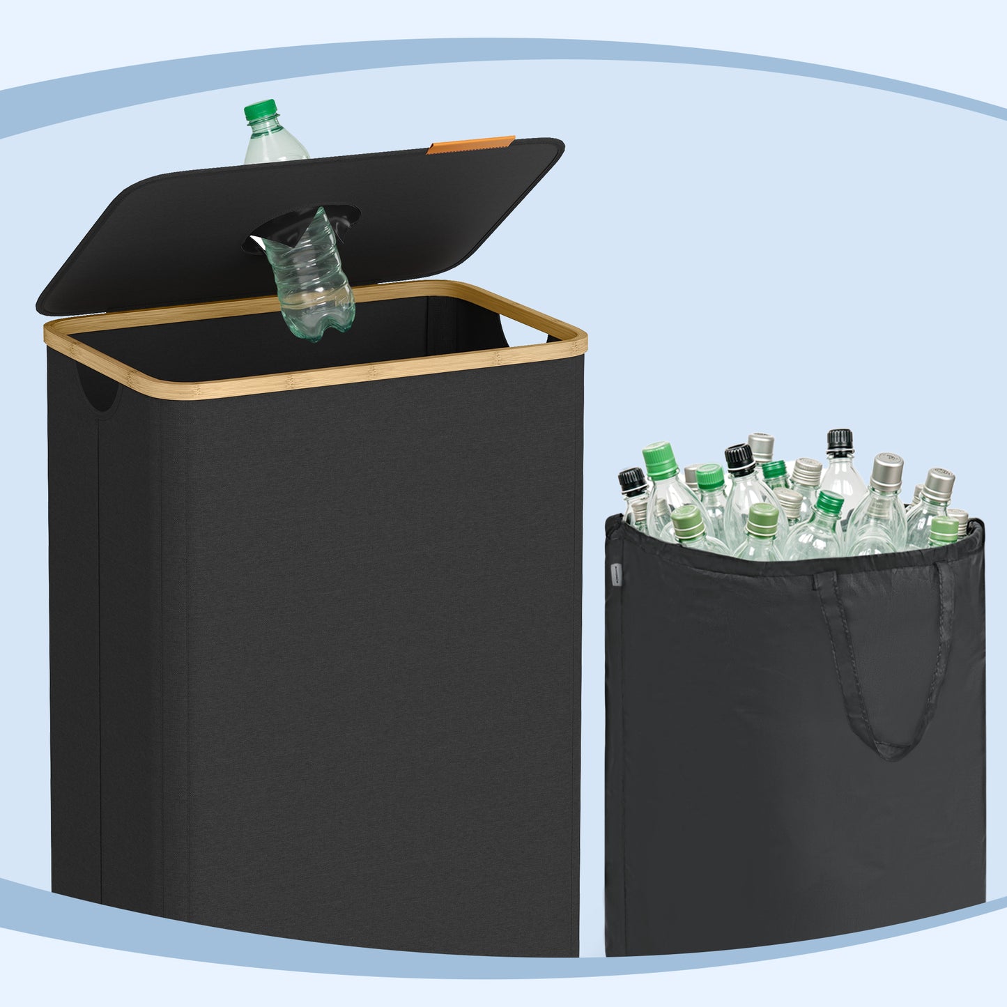 26.4 Gallon Recycling Bin for Kitchen, Bottle Recycling Container with Inner Bag and Collection Hole, Ink Black and Natural Beige
