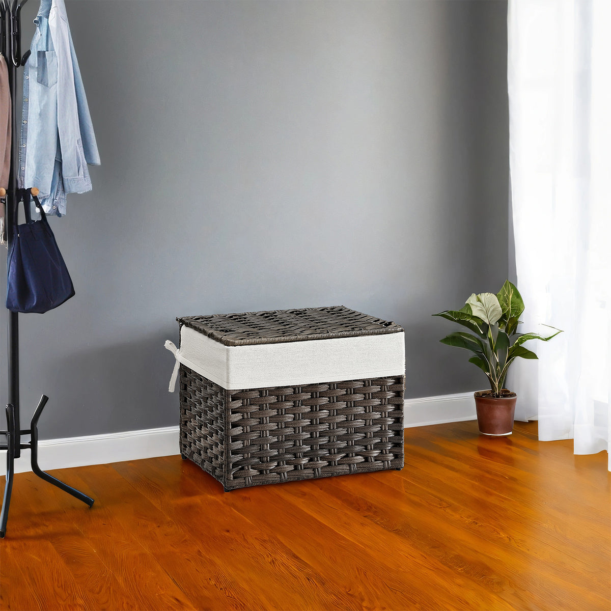 LEDREM 9.2 Gallon (35L) Storage Basket with Lid, Storage Bin, Foldable, Removable Liner, Metal Frame, for Bedroom, Laundry Room, Brown
