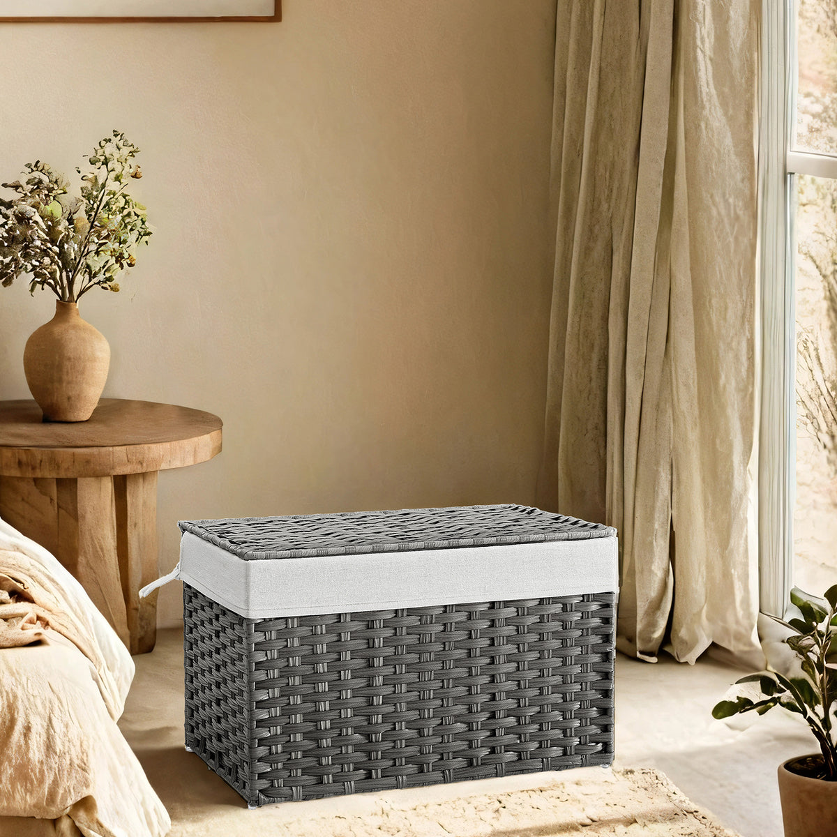 LEDREM 27.7 Gallon (105L) Storage Basket with Lid, Storage Bin, Foldable, Removable Liner, Metal Frame, for Bedroom, Laundry Room, Gray and White
