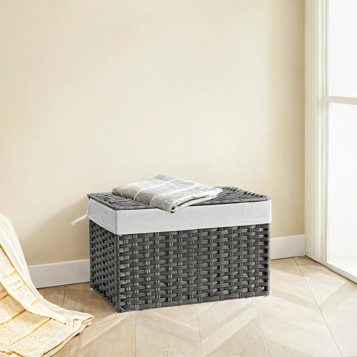 LEDREM 27.7 Gallon (105L) Storage Basket with Lid, Storage Bin, Foldable, Removable Liner, Metal Frame, for Bedroom, Laundry Room, Gray and White