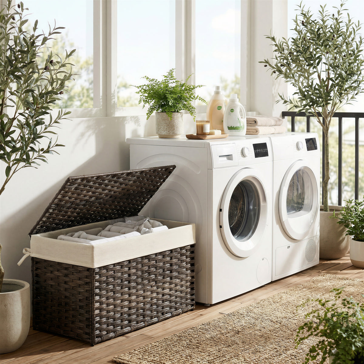 LEDREM 27.7 Gallon (105L) Storage Basket with Lid, Storage Bin, Foldable, Removable Liner, Metal Frame, for Bedroom, Laundry Room, Burgundy and White