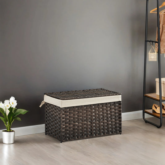 17.2 Gallon Storage Basket with Lid, Foldable Woven Laundry Bin with Removable Liner & Handles, Brown