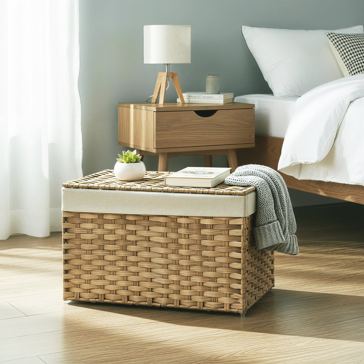 LEDREM 65 L Storage Basket with Lid, Foldable Storage Bin, Woven Blanket Storage Basket with Handles, Removable Liner, Natural