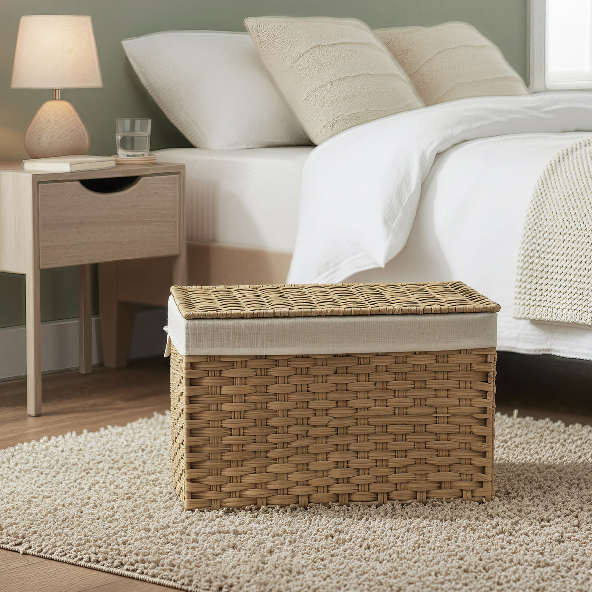 LEDREM 65 L Storage Basket with Lid, Foldable Storage Bin, Woven Blanket Storage Basket with Handles, Removable Liner, Natural