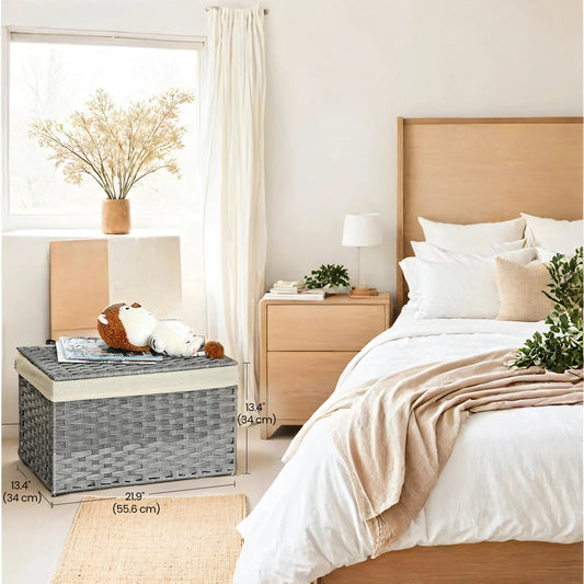 17.2-Gallon Storage Basket with Lid & Liner, Foldable Woven Design, Metal Frame, Multi-Use Organizer, Gray