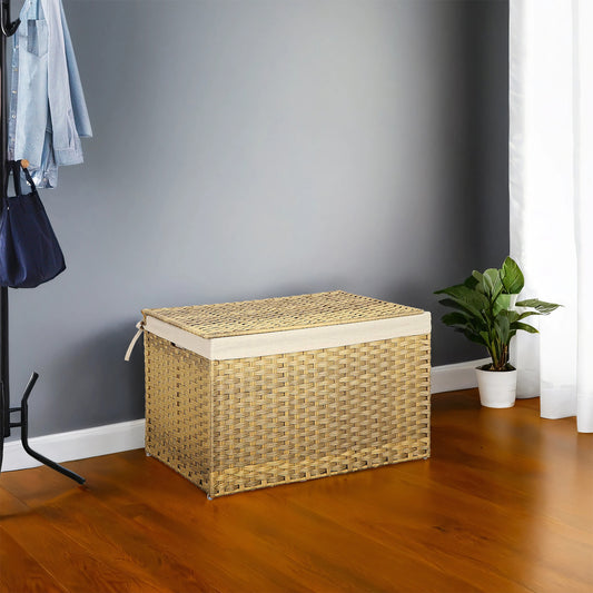 Large Foldable Storage Basket with Lid, 42.3 Gallon (160L) Woven Laundry Bin, Removable Liner & Metal Frame, for Blankets, Clothes, Bedroom or Closet Organization, Natural