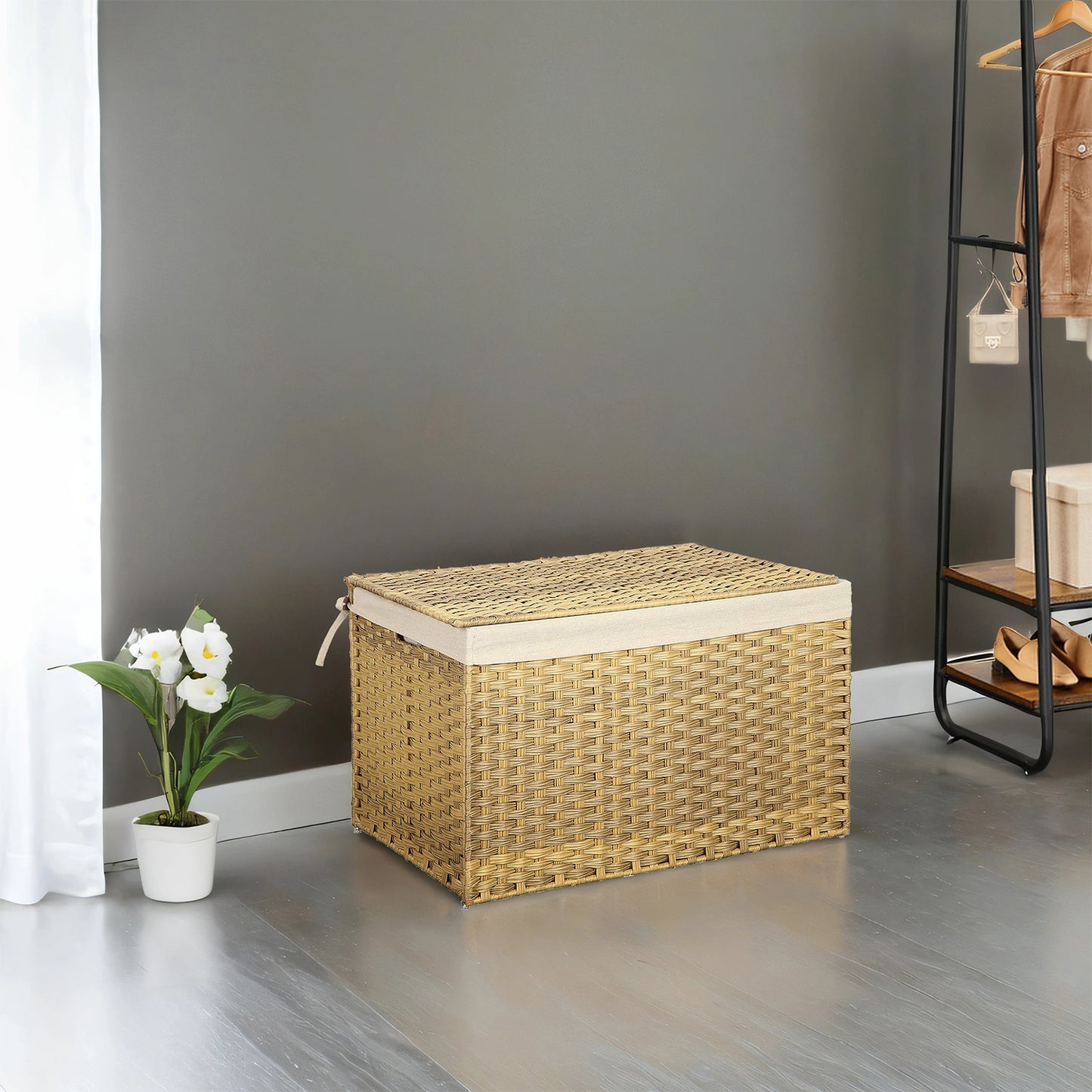 Large Foldable Storage Basket with Lid, 42.3 Gallon (160L) Woven Laundry Bin, Removable Liner & Metal Frame, for Blankets, Clothes, Bedroom or Closet Organization, Natural