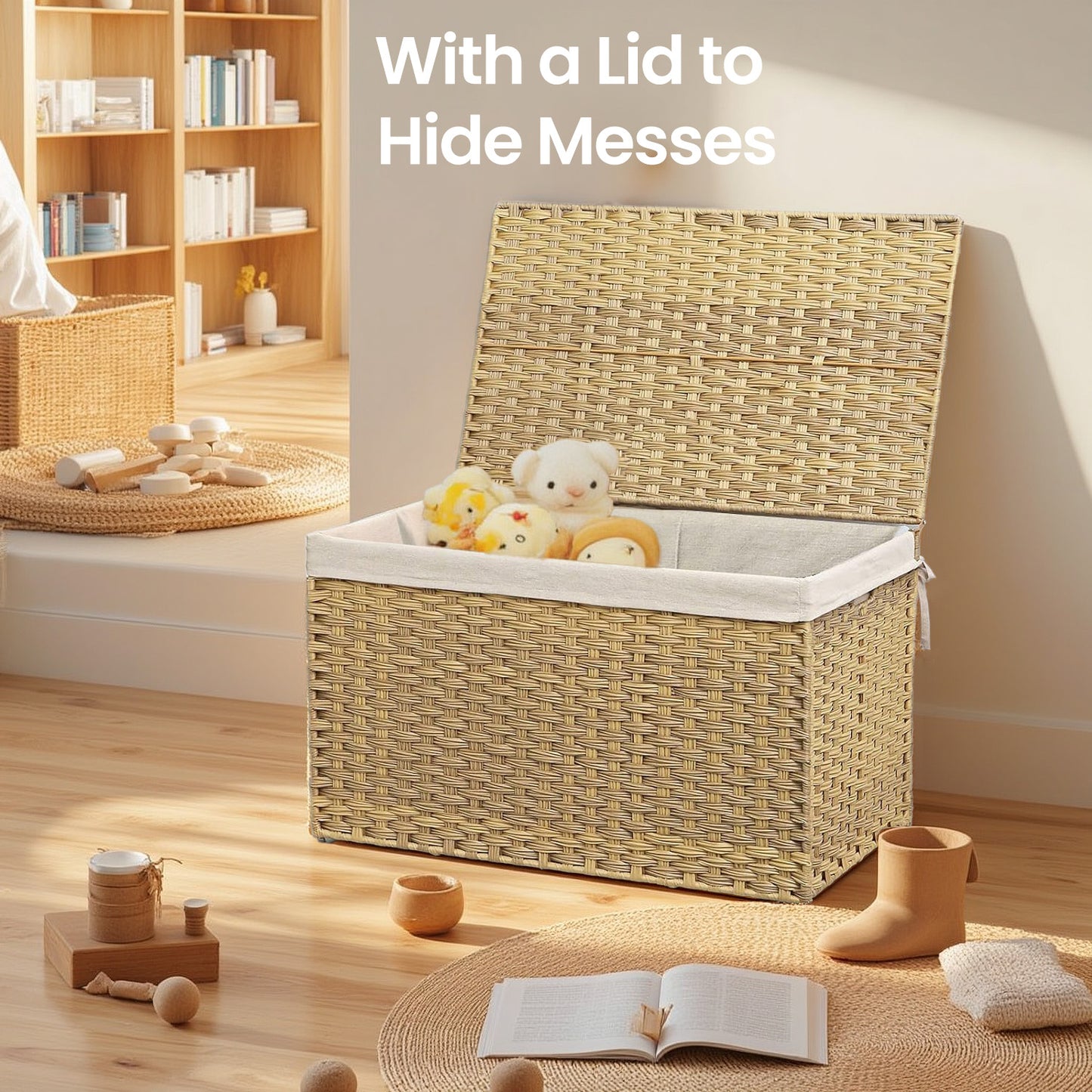 Large Foldable Storage Basket with Lid, 42.3 Gallon (160L) Woven Laundry Bin, Removable Liner & Metal Frame, for Blankets, Clothes, Bedroom or Closet Organization, Natural