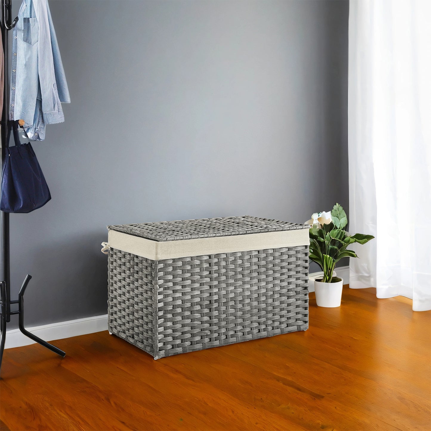 Foldable Storage Basket with Lid, 42.3 Gallon (160L) Large Capacity, Woven PP Rattan & Metal Frame, Removable Liner, for Laundry，Blankets，Bedroom, Gray