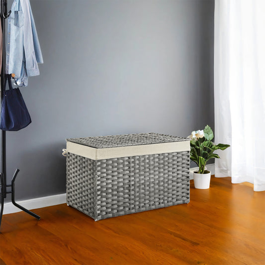 Foldable Storage Basket with Lid, 42.3 Gallon (160L) Large Capacity, Woven PP Rattan & Metal Frame, Removable Liner, for Laundry，Blankets，Bedroom, Gray