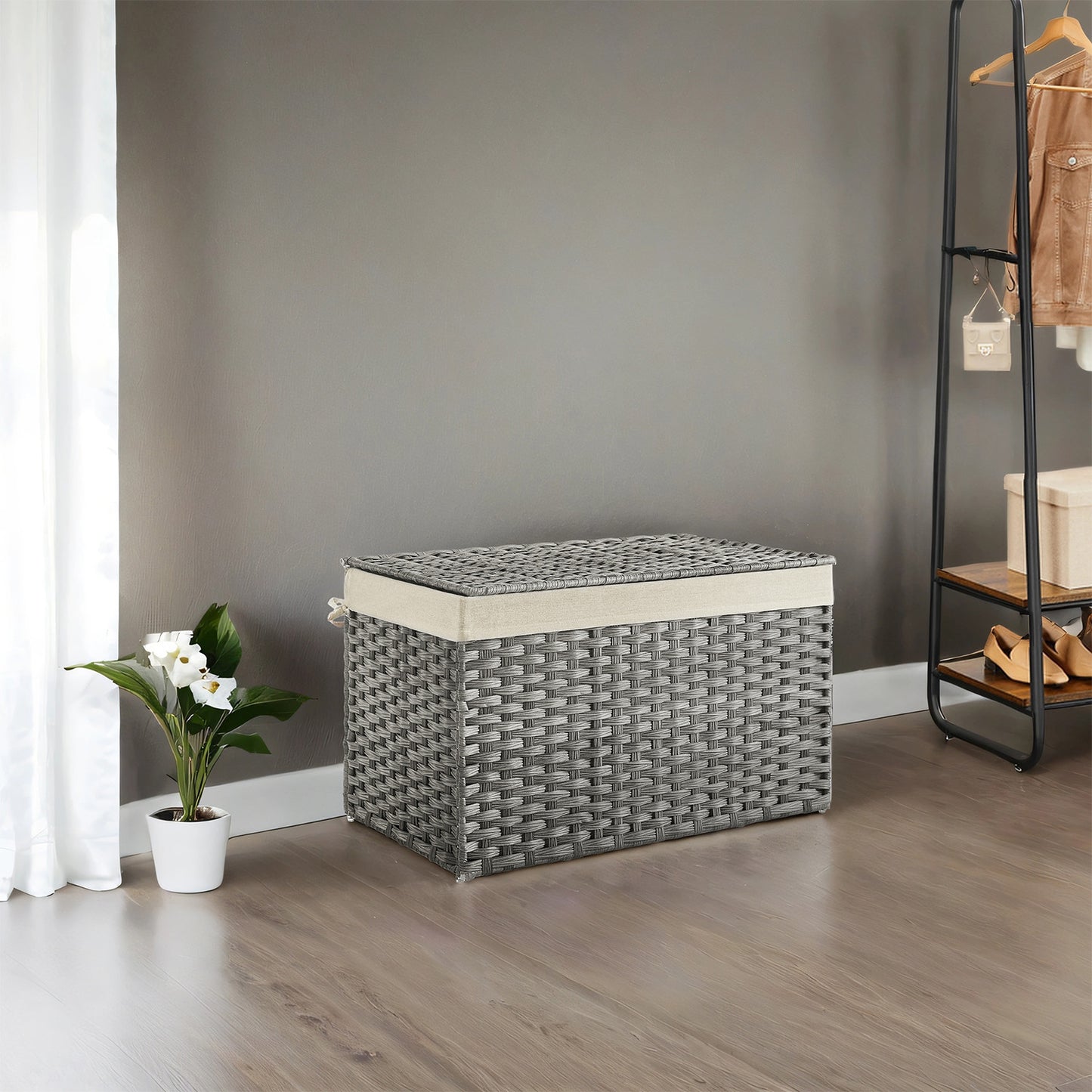Foldable Storage Basket with Lid, 42.3 Gallon (160L) Large Capacity, Woven PP Rattan & Metal Frame, Removable Liner, for Laundry，Blankets，Bedroom, Gray