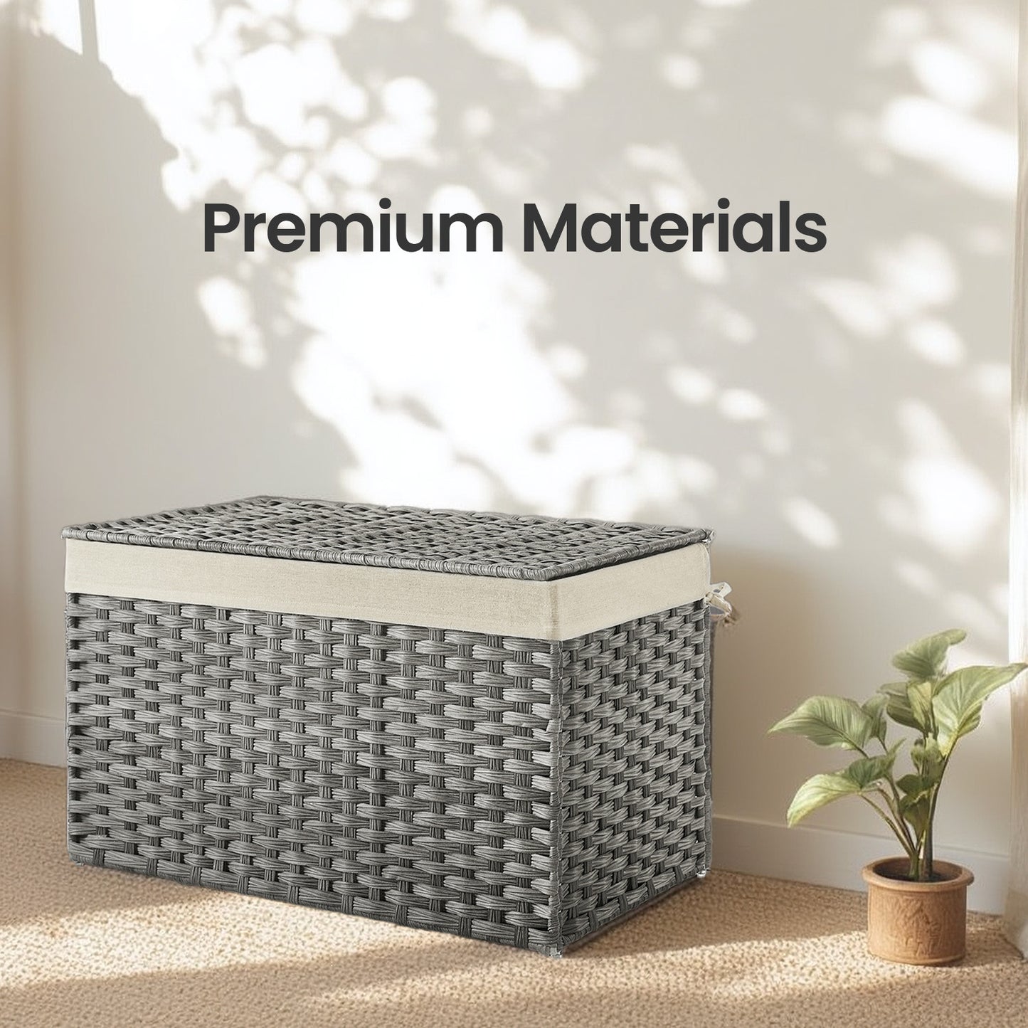 Foldable Storage Basket with Lid, 42.3 Gallon (160L) Large Capacity, Woven PP Rattan & Metal Frame, Removable Liner, for Laundry，Blankets，Bedroom, Gray