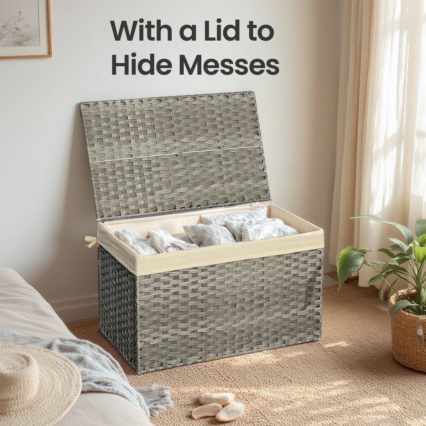 Foldable Storage Basket with Lid, 42.3 Gallon (160L) Large Capacity, Woven PP Rattan & Metal Frame, Removable Liner, for Laundry，Blankets，Bedroom, Gray