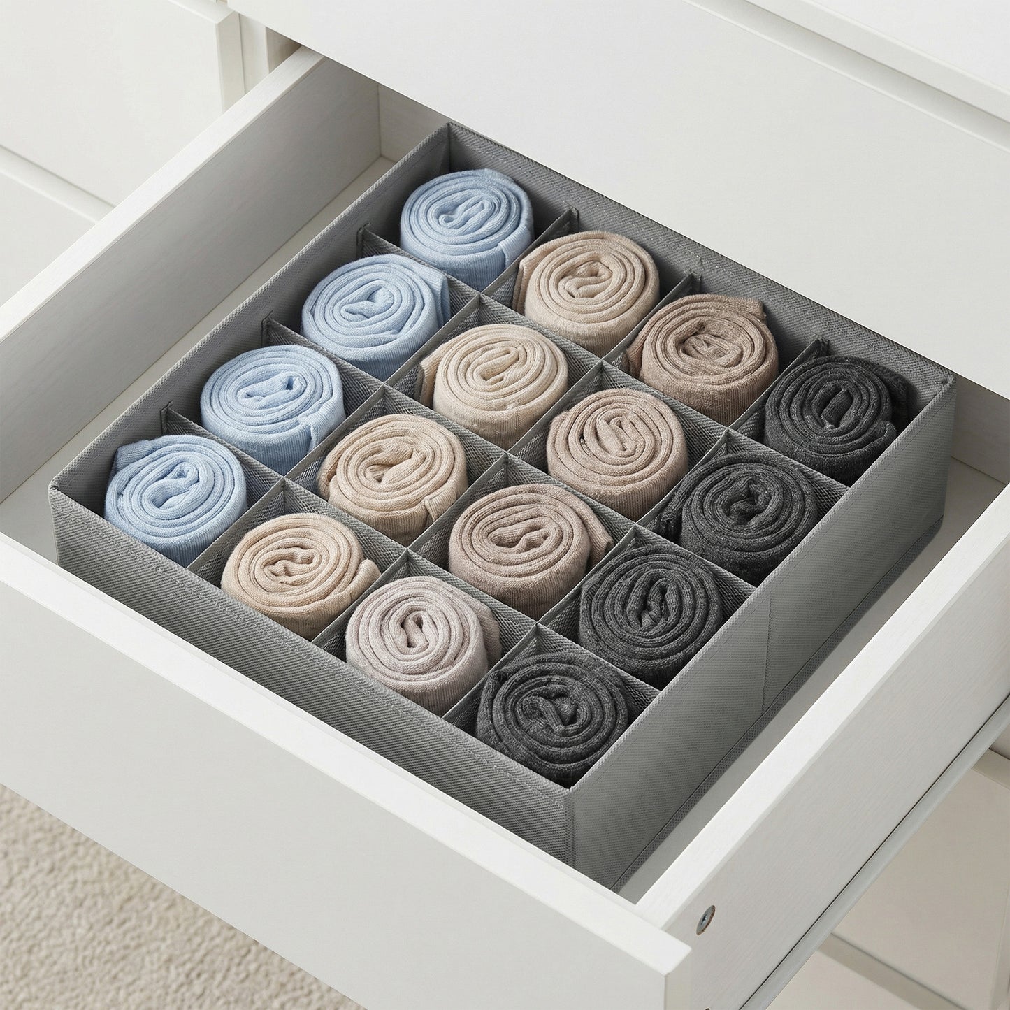 4 Pack Drawer Organizers with 80 Cells, Foldable Dividers for Socks, Underwear, Ties and Belts, 11.8 x 11.8 Inch, Dove Gray