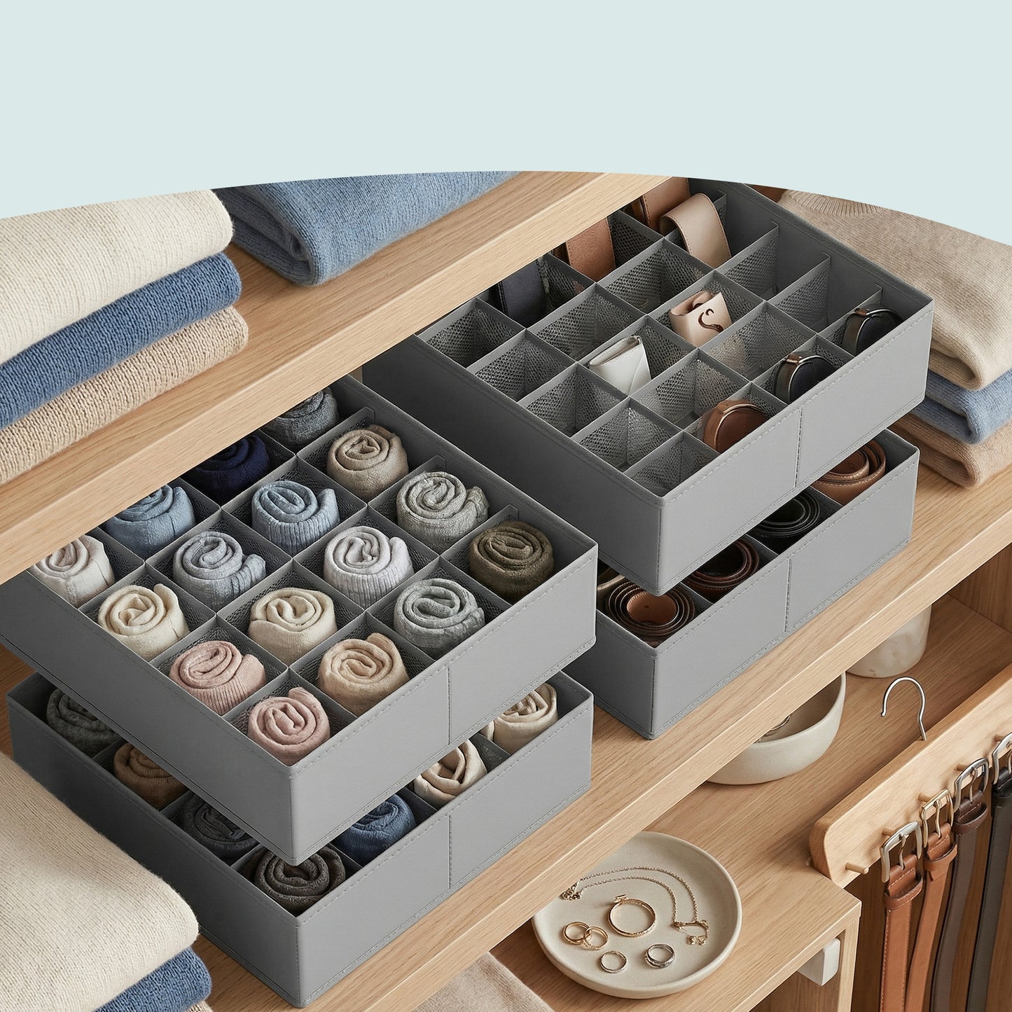 4 Pack Drawer Organizers with 80 Cells, Foldable Dividers for Socks, Underwear, Ties and Belts, 11.8 x 11.8 Inch, Dove Gray