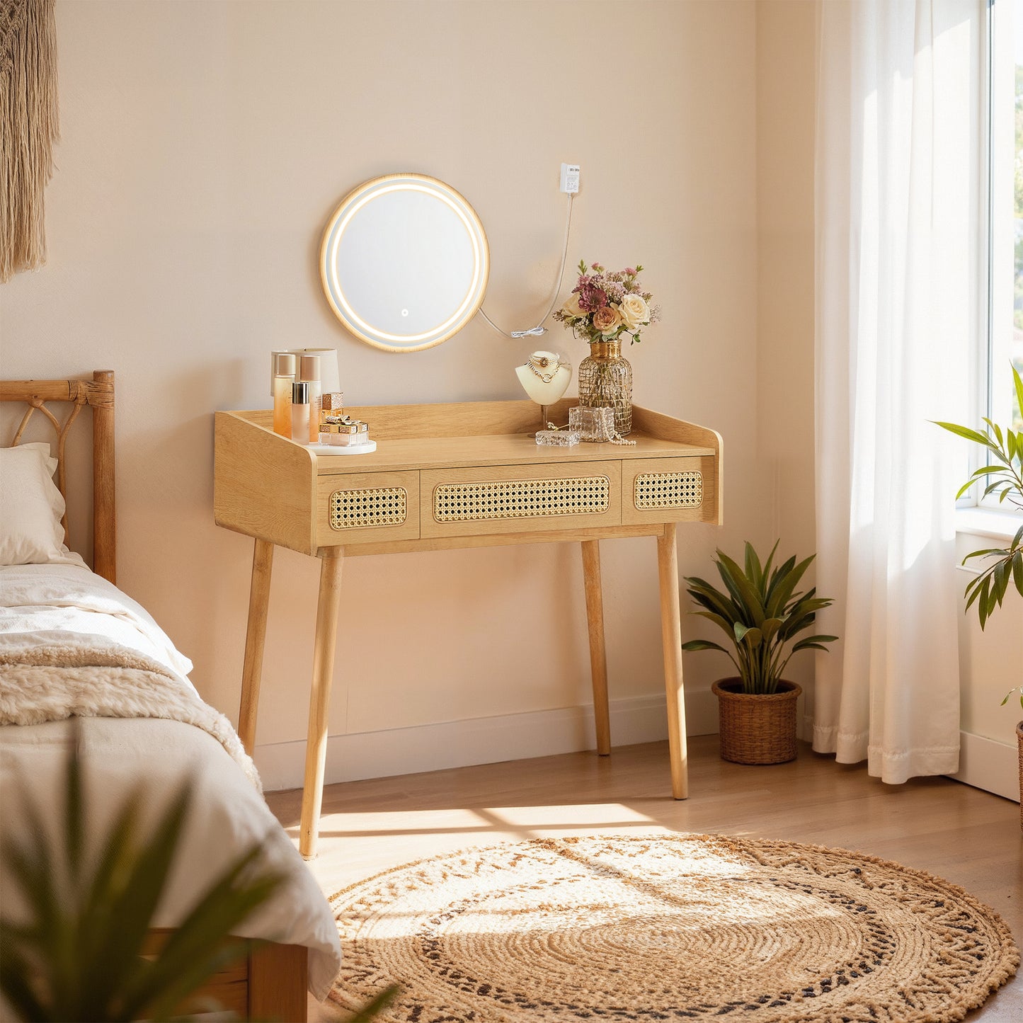 Vanity Desk with Touch Control LED Mirror, Boho Makeup Table with 3 Rattan-Look Drawers, Dimmable 3-Color Lighting for Bedroom, Oak Beige
