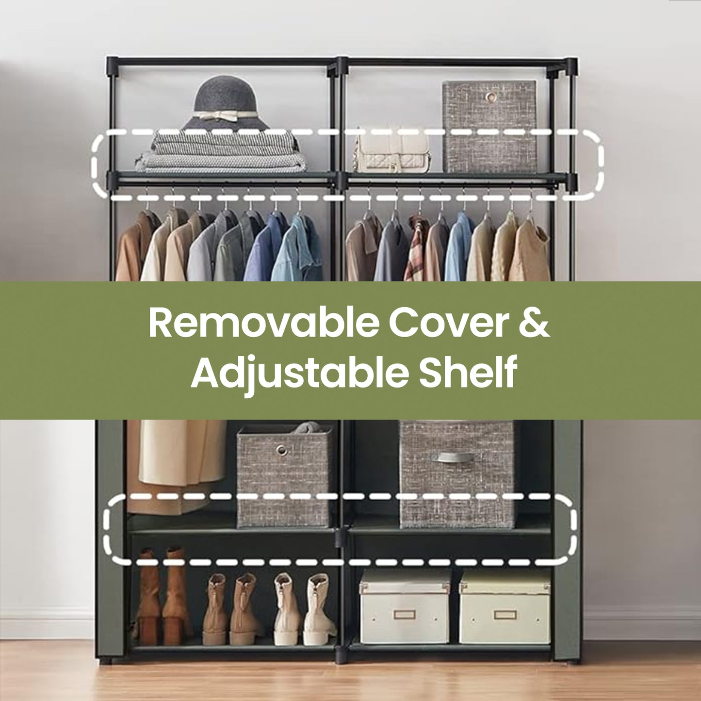 Portable Closet Wardrobe with Cover, 2 Rods & 2 Shelves Freestanding Fabric Clothing Organizer for Bedroom, No-Tool Assembly, Black