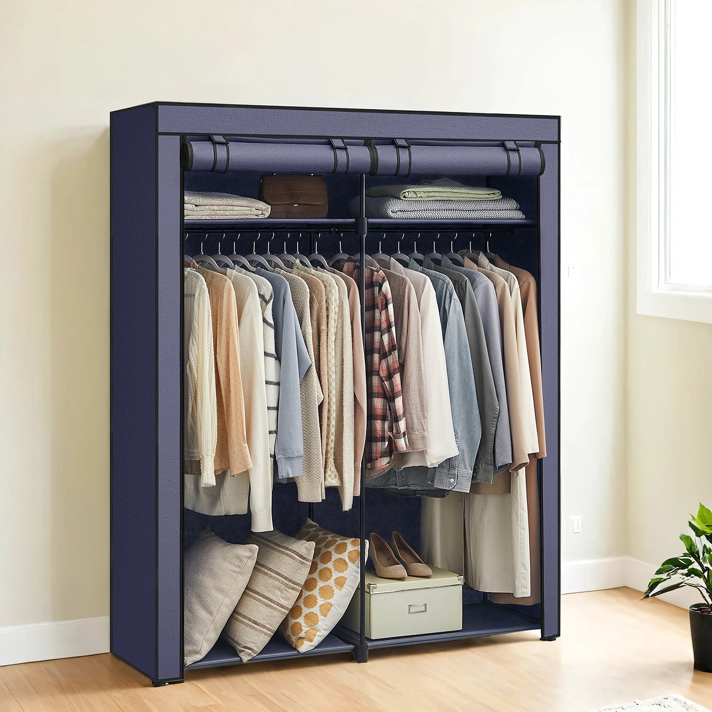 Portable Closet Wardrobe with Cover, 2 Rods & 2 Shelves Freestanding Fabric Clothing Organizer for Bedroom, No-Tool Assembly, Black,Dark Blue