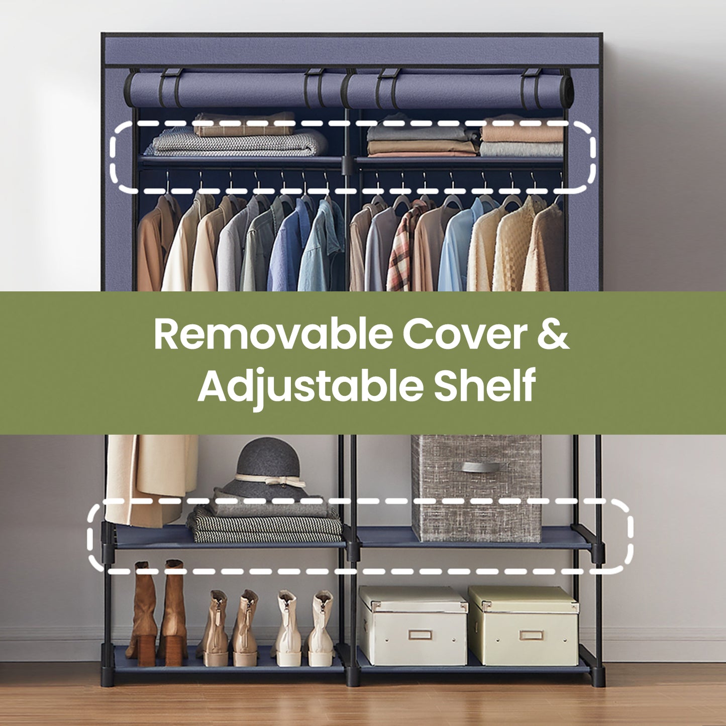 Portable Closet Wardrobe with Cover, 2 Rods & 2 Shelves Freestanding Fabric Clothing Organizer for Bedroom, No-Tool Assembly, Black,Dark Blue