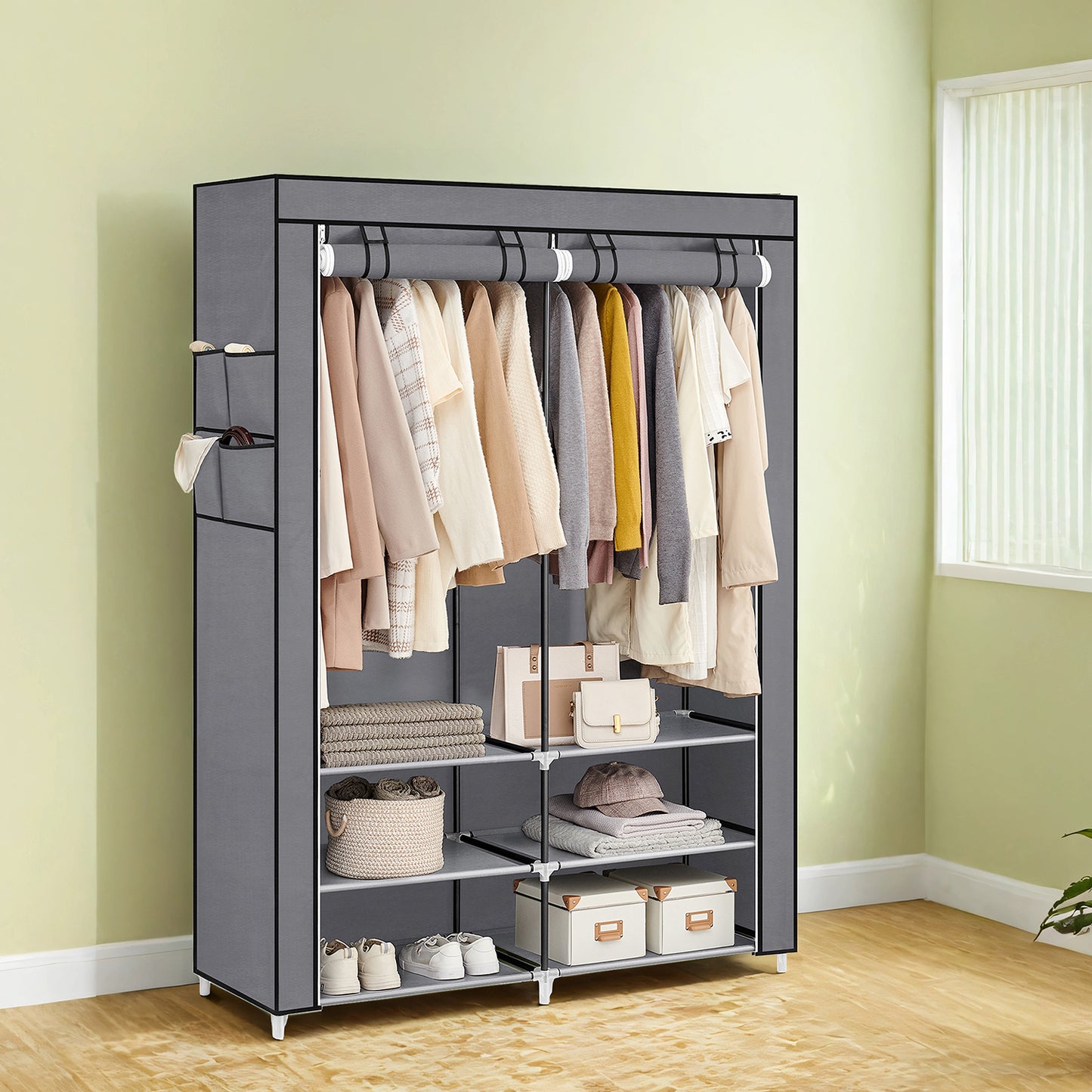 Portable Closet Wardrobe with Shoe Rack, 2 Hanging Rods & 4 Side Pockets Freestanding Storage Organizer for Bedroom, No-Tool Assembly, Gray