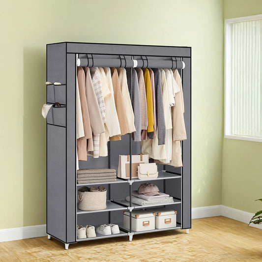 Portable Closet Wardrobe with Shoe Rack, 2 Hanging Rods & 4 Side Pockets Freestanding Storage Organizer for Bedroom, No-Tool Assembly, Gray