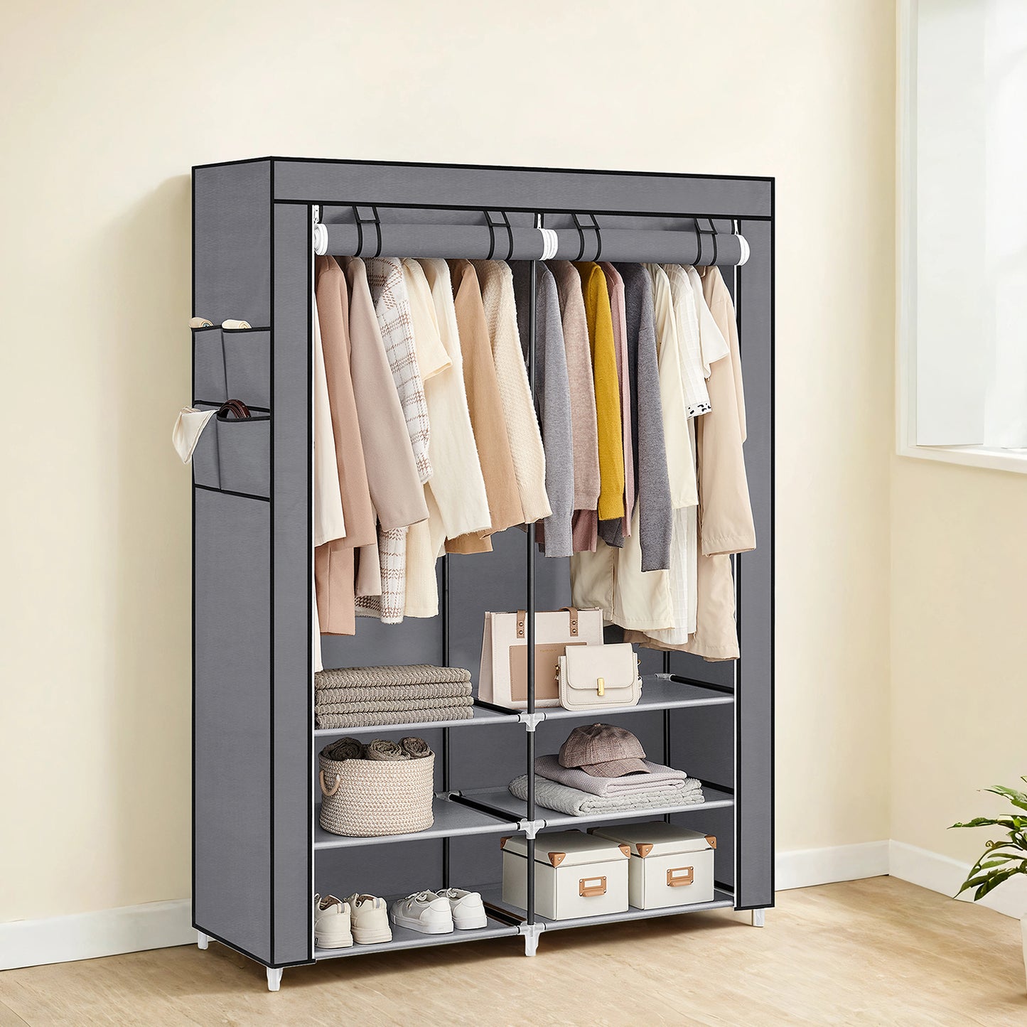 Portable Closet Wardrobe with Shoe Rack, 2 Hanging Rods & 4 Side Pockets Freestanding Storage Organizer for Bedroom, No-Tool Assembly, Gray