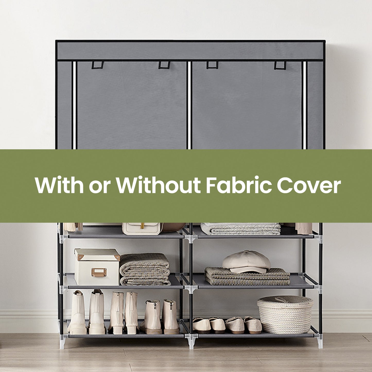 Portable Closet Wardrobe with Shoe Rack, 2 Hanging Rods & 4 Side Pockets Freestanding Storage Organizer for Bedroom, No-Tool Assembly, Gray